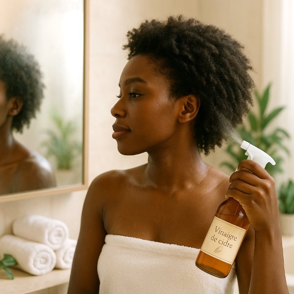 Une jeune femme dans une salle de bains applique du vinaigre de cidre sur ses cheveux crépus.