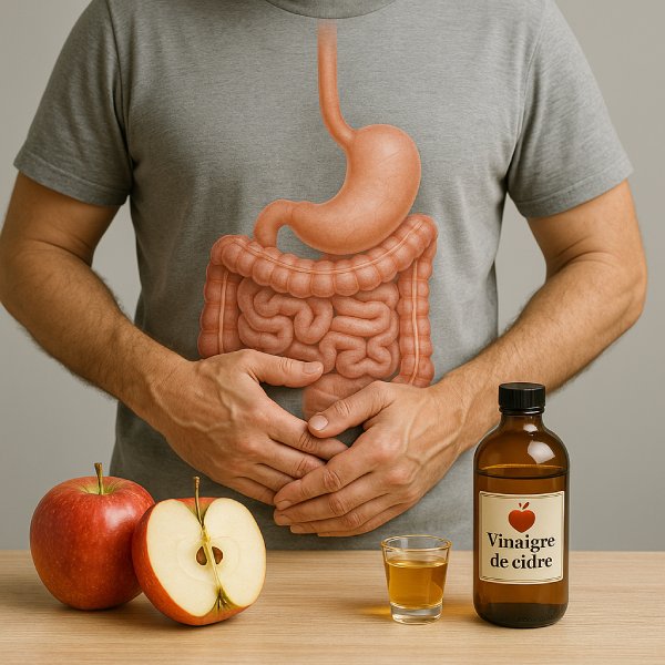Un homme se tient l'abdomen, vu transparente des organes digestifs, pommes et bouteille de vinaigre de cidre au premier plan.