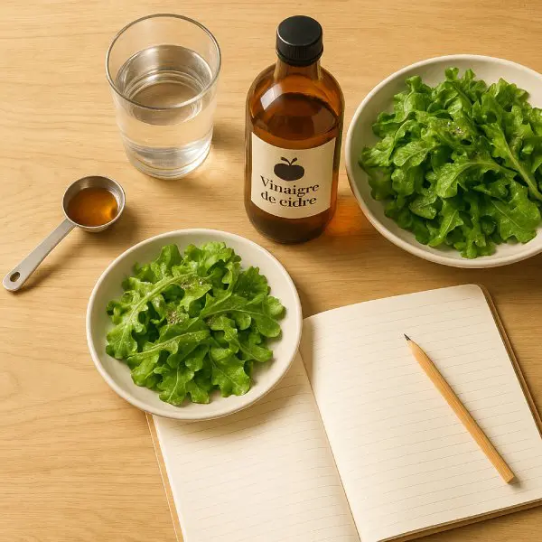 Vu du dessus, salades, journal, bouteille de vinaigre de cidre.