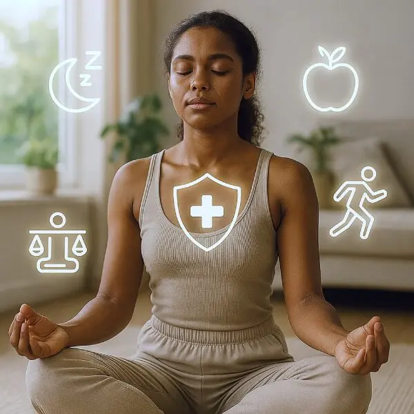 Femme méditant dans un intérieur lumineux illustrant le lien entre mode de vie sain, sommeil, nutrition et renforcement du système immunitaire.