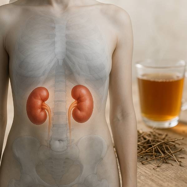 Illustration réaliste des reins avec infusion de queues de cerise en arrière-plan