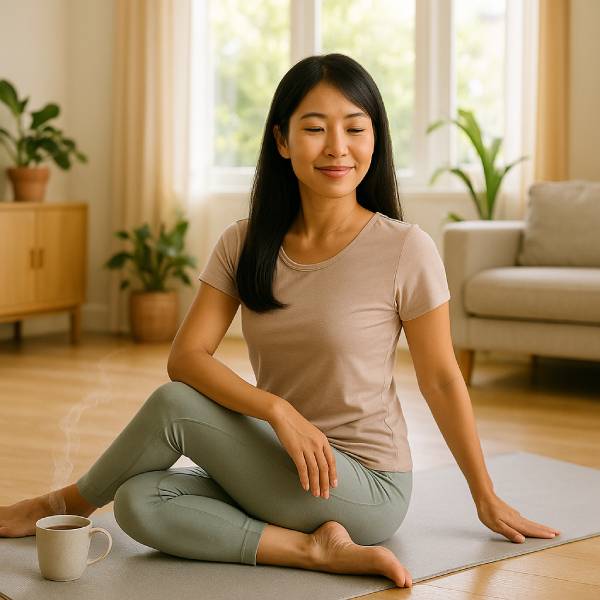 Femme faisant du yoga près d’une tasse d’infusion de queues de cerise