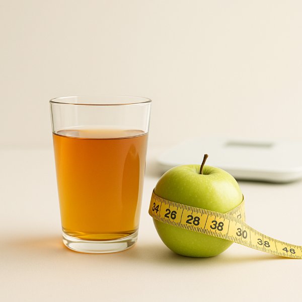 Un verre de vinaigre de cidre et une pomme entourée d'un ruban à mesurer.