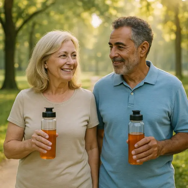 Une couple quinqagénaire marche dans un parc avec des bouteilles de vinaigre de cidre.