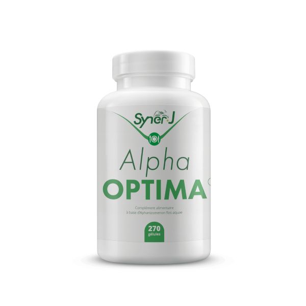 Flacon d'AlphaOPTIMA, une innovation SynerJ-Health associant algue de Klamath complète à son extrait concentré purifié.