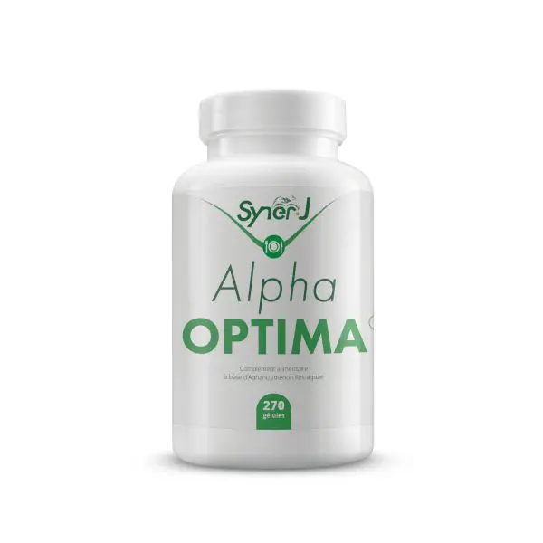 Flacon d'AlphaOPTIMA, une innovation SynerJ-Health associant algue de Klamath complète à son extrait concentré purifié.