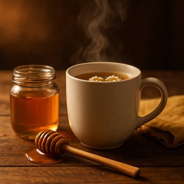 Verre de lait chaud au miel posé sur une table de nuit pour favoriser le sommeil	