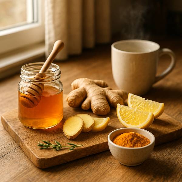 Jarre de miel entourée de citron et gingembre pour booster son action antioxydante.