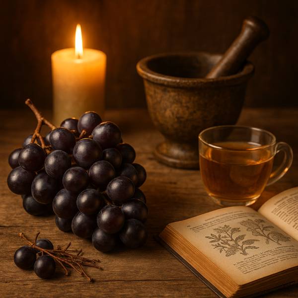 Grappe de raisin à côté d’un mortier et d’un ancien grimoire d’herboristerie