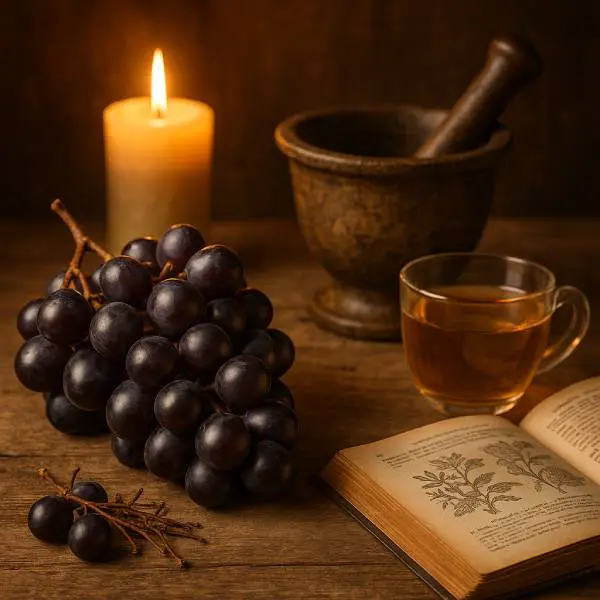 Grappe de raisin à côté d’un mortier et d’un ancien grimoire d’herboristerie