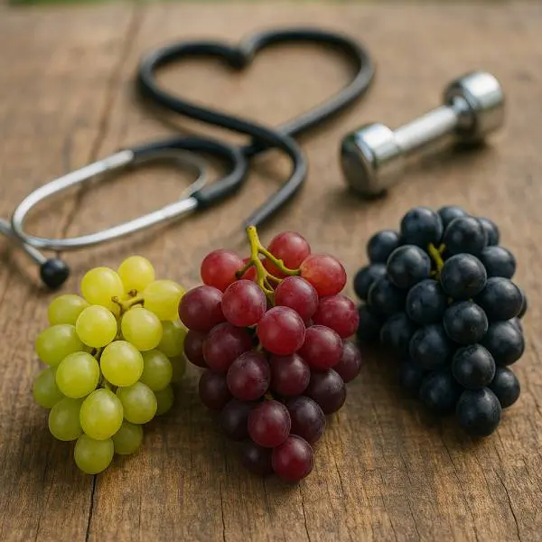Trois variétés de raisins posées devant un stéthoscope en forme de cœur, symbole de santé