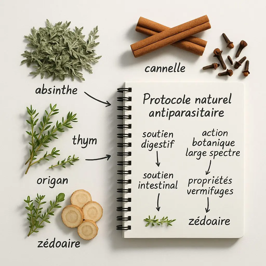 Tablette affichant un schéma digestif sain entouré d’herbes antiparasitaires pour évoquer l’action globale de SynerMECTIN.