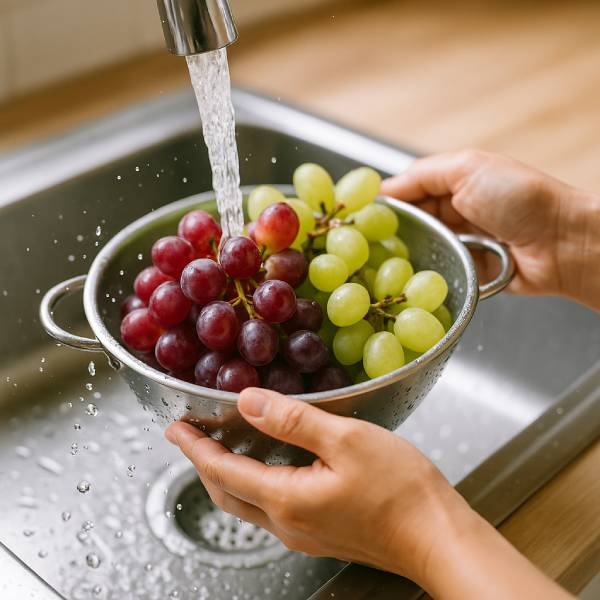 Mains rinçant soigneusement des raisins sous l’eau pour éliminer pesticides