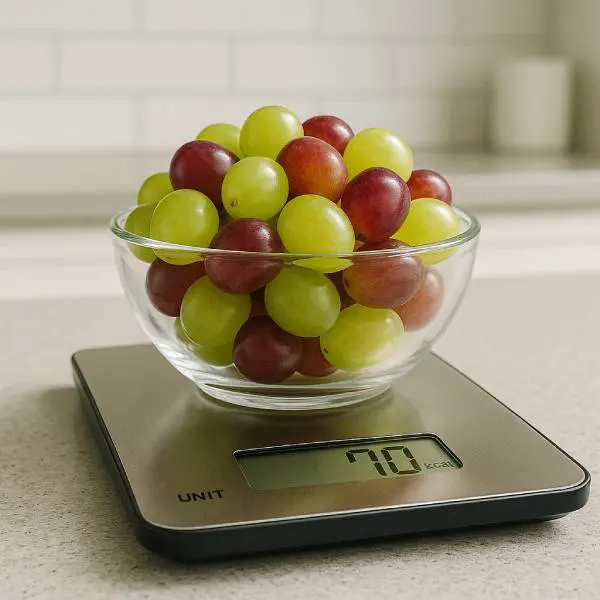 Grappe de raisins pesée sur une balance indiquant environ 70 calories