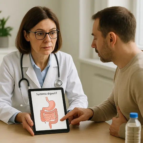 Médecin généraliste expliquant un schéma digestif à un patient adulte qui montre sa zone abdominale, dans un cabinet lumineux et moderne, évoquant une consultation pour troubles intestinaux.