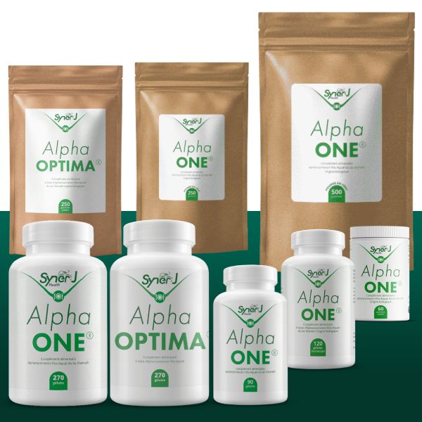 Packshot de la gamme Klamath Alpha ONE du laboratoire français SynerJ Health fondé par Jacques Prunier.