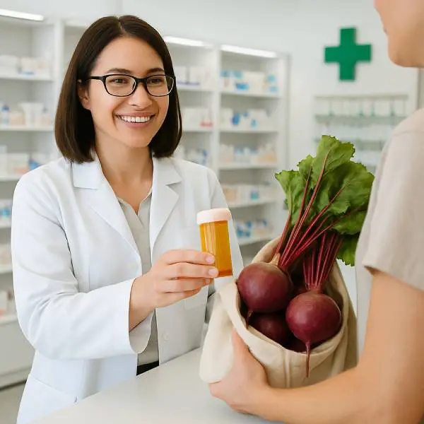 Pharmacienne tendant un médicament à une personne portant un sac de betteraves.