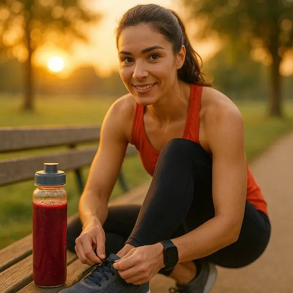Jeune athlète laçant ses chaussures, avec smoothie de betterave et activité physique pour gérer le poids