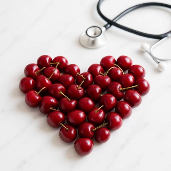 Cerises fraîches disposées en forme de cœur sur marbre blanc avec stéthoscope flou en arrière‑plan