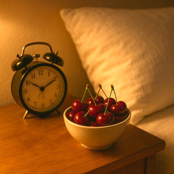 Bol de cerises acidulées posé à côté d’un réveil et d’un oreiller, ambiance nocturne
