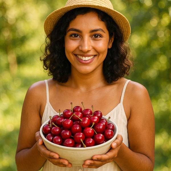 Jeune femme souriante tenant un bol de cerises fraîches dans un jardin ensoleillé