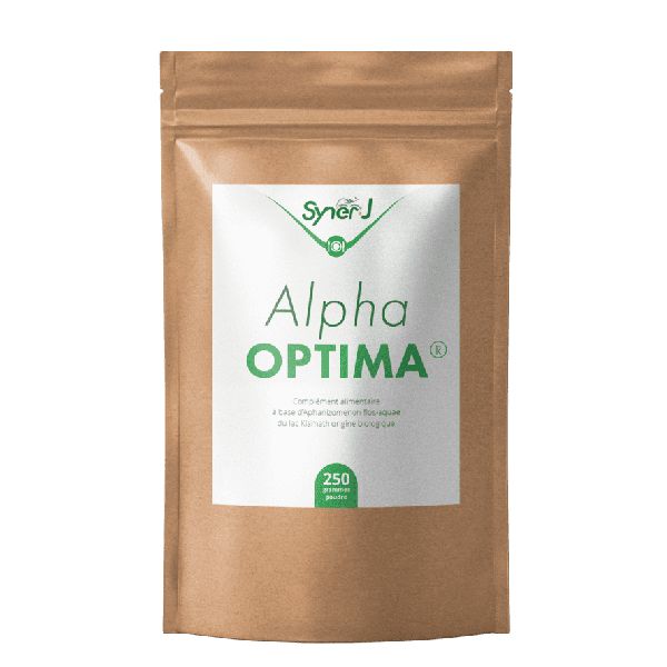 Sachet de 250 g d'algue Klamath Alpha Optima, formule concentrée, innovation exclusive SynerJ Health.