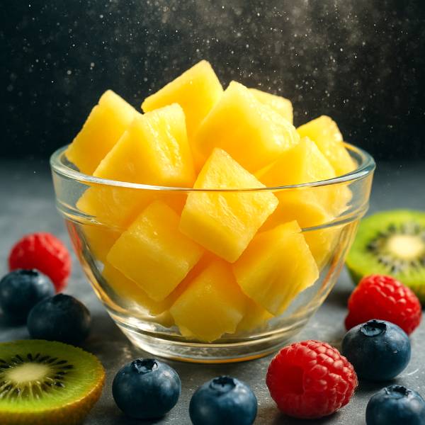 Morceaux d’ananas et fruits rouges évoquant un cocktail d’antioxydants