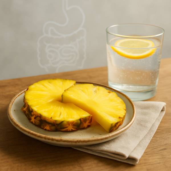 Rondelles d’ananas présentées avec eau pétillante et suggestion du système digestif