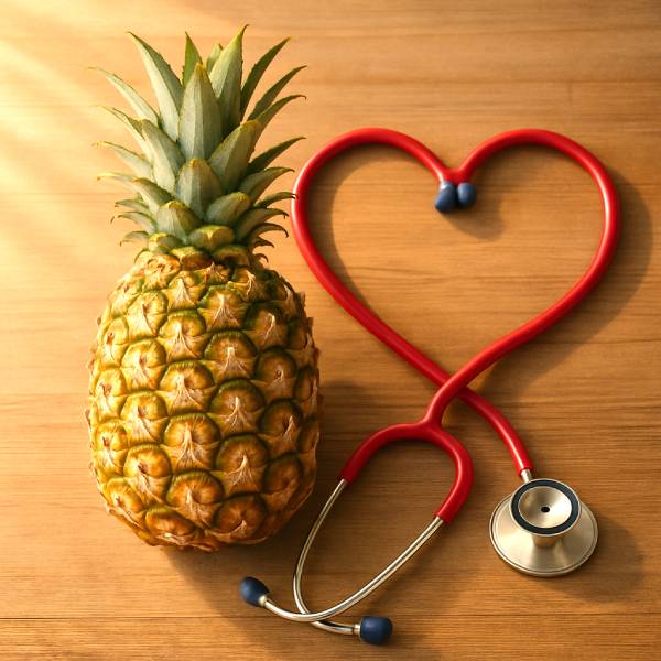 Ananas posé près d’un stéthoscope rouge formant un cœur