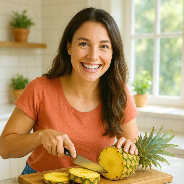 Jeune femme découpant un ananas frais dans une cuisine lumineuse