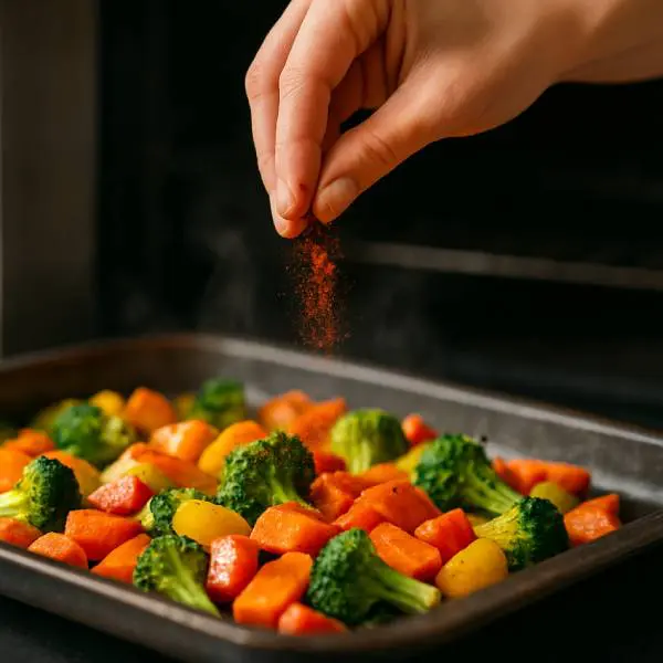 Main saupoudrant du piment de Cayenne sur des légumes rôtis