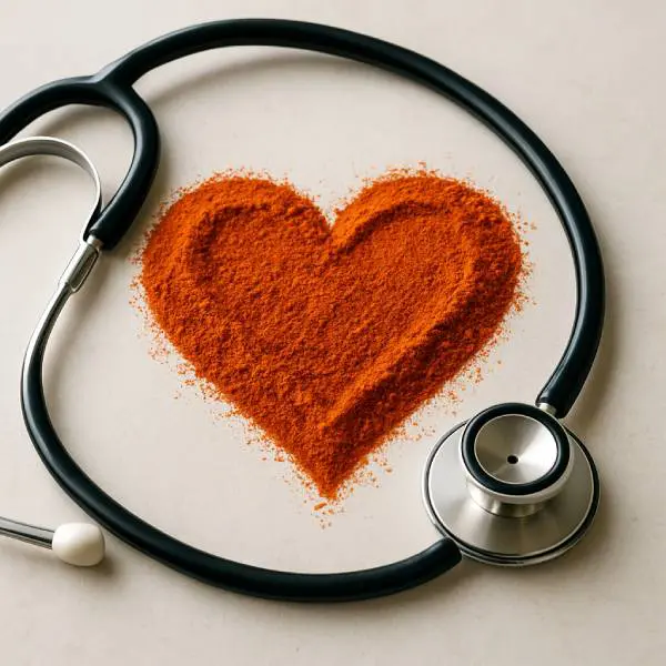 Poudre de piment de Cayenne dessinant un cœur entouré d’un stéthoscope