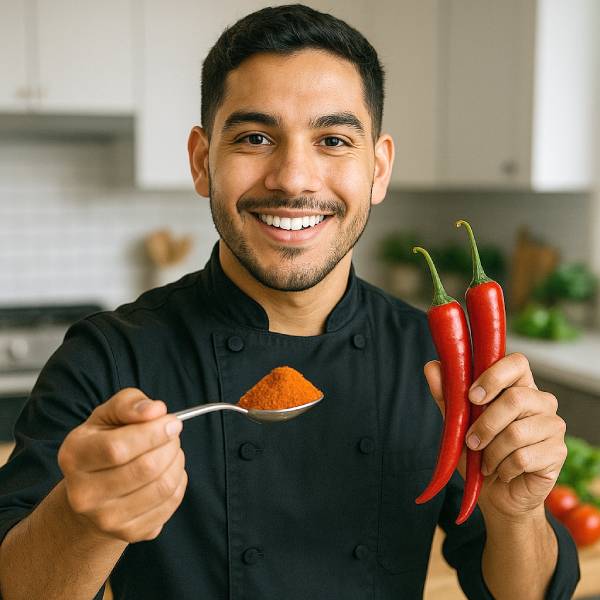 Jeune chef souriant présentant les bienfaits du piment de Cayenne dans une cuisine moderne