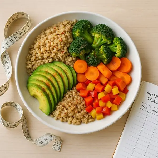 Assiette équilibrée parsemée de piment de Cayenne et mètre ruban