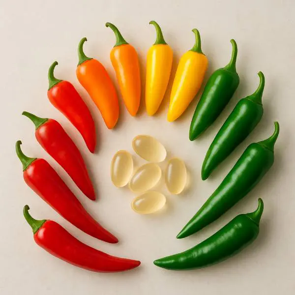 Variété de piments colorés autour de capsules de vitamine C
