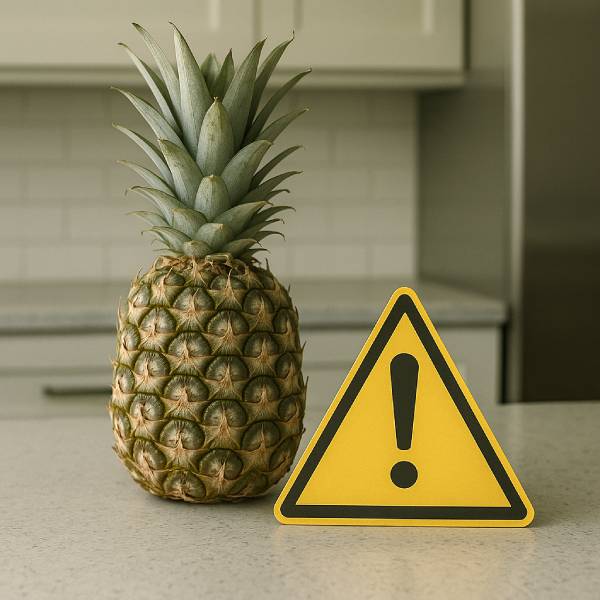 Ananas entier posé à côté d’un panneau de mise en garde jaune