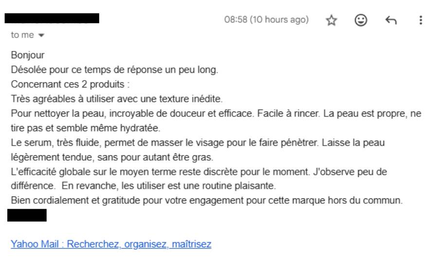 Avis d'une consommatrice des cosmétiques à base d'algue Klamath de SynerJ Health.