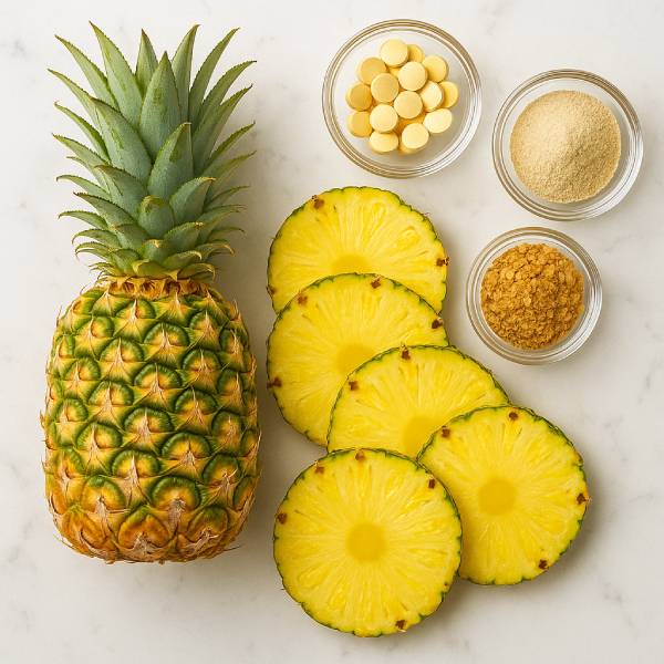 Vue zenithale d’un ananas entier, de rondelles et de nutriments clés disposés autour
