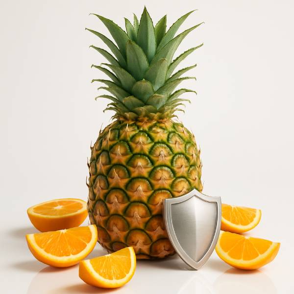 Ananas entouré d’agrumes avec un petit bouclier symbole de protection immunitaire