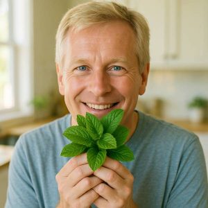 Homme mature souriant tenant des feuilles de menthe fraîche dans une cuisine lumineuse
