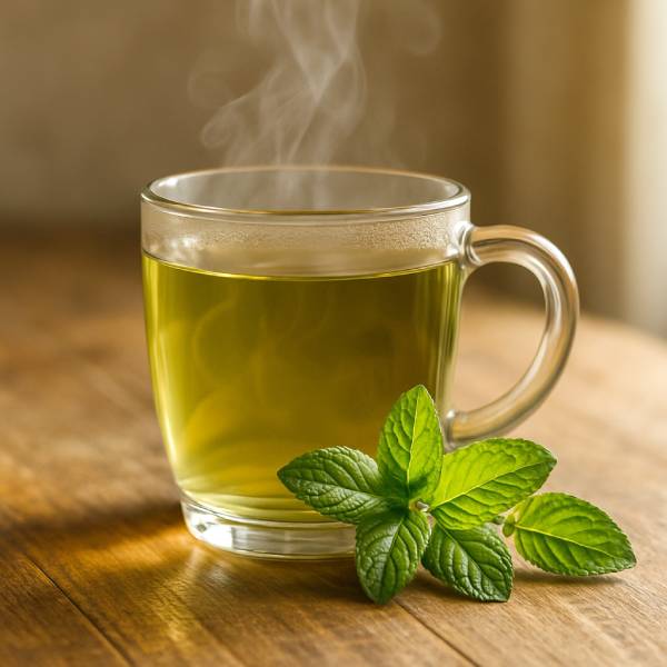 Tasse de tisane de menthe chaude sur table en bois, vapeur visible