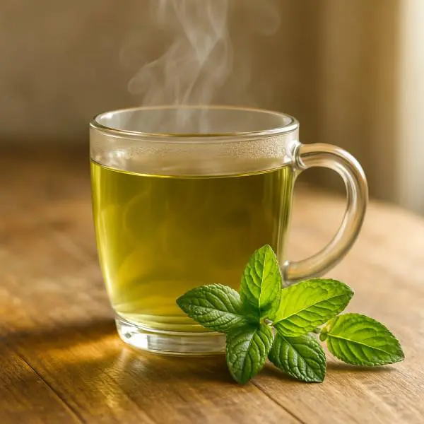 Tasse de tisane de menthe chaude sur table en bois, vapeur visible