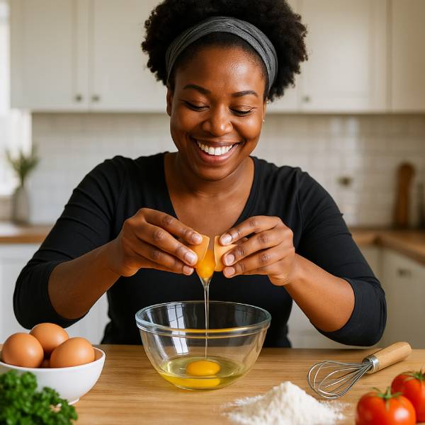 Femme ménagère souriante préparant des œufs frais dans une cuisine lumineuse