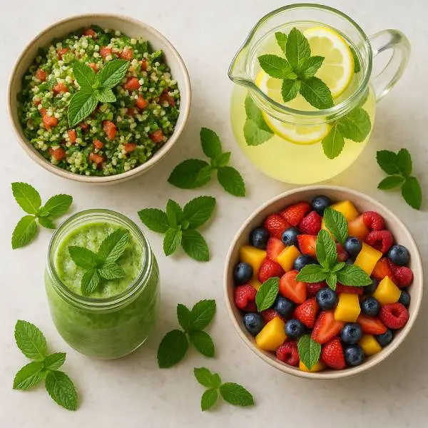 Vue dessus d’un plan de travail avec plats et boissons à la menthe variés