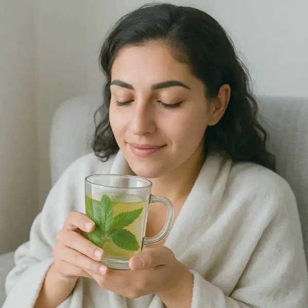 Femme détendue savourant une tisane à la menthe dans un fauteuil confortable