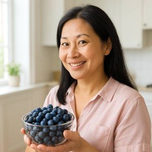 Femme tenant un bol de myrtilles fraîches dans une cuisine lumineuse