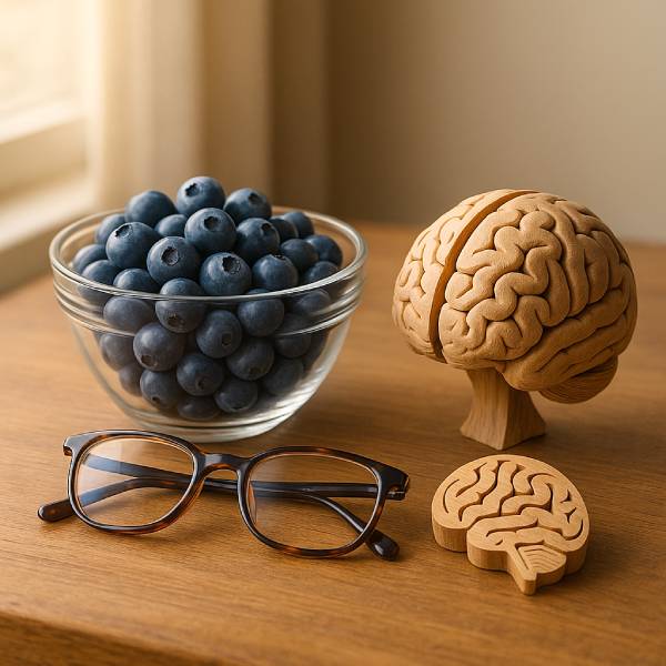 Bol de myrtilles à côté de lunettes et d’un modèle de cerveau en bois sculpté
