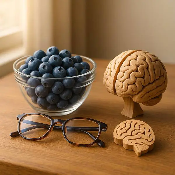 Bol de myrtilles à côté de lunettes et d’un modèle de cerveau en bois sculpté