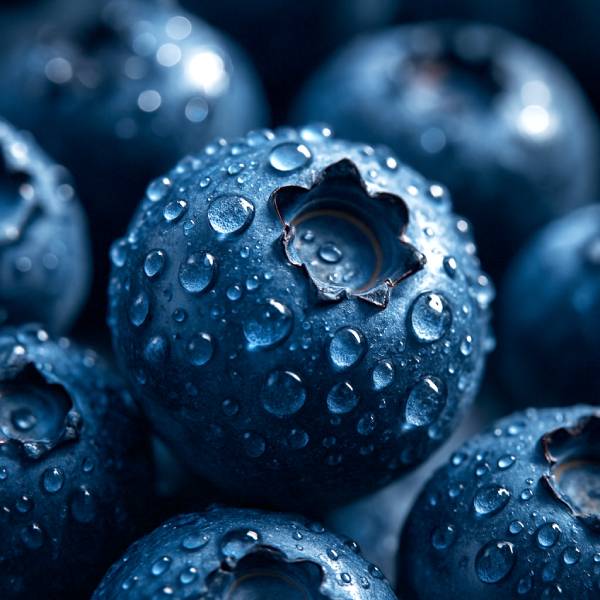 Gros plan macro de myrtilles fraîches couvertes de gouttes de rosée