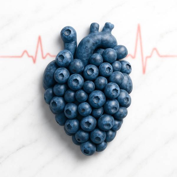 Myrtilles formant la silhouette d’un cœur avec un tracé ECG en arrière‑plan